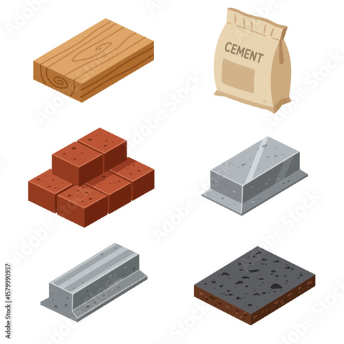 A collection of isometric construction materials including wood, cement, bricks, concrete, and asphalt, representing building and renovation concepts.