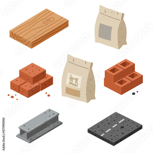 An isometric collection of essential construction materials including wood, bricks, cement bags, steel beams, and asphalt, ideal for building and engineering projects.