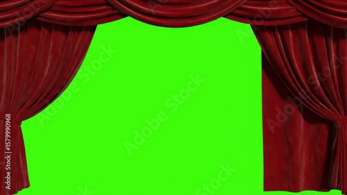 Real Velvet Cloth Stage silk red Curtain open on green screen. Curtain For theater, opera, show, stage scenes. This opening curtain are shooted on Red Camera - slow motion. Real Cinematic Curtain.