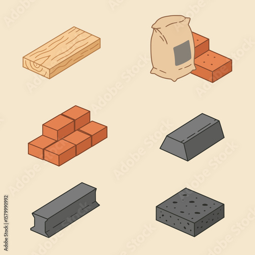 An isometric illustration showcasing various essential building and construction materials like wood, bricks, cement, metal, and concrete, presented on a neutral background.