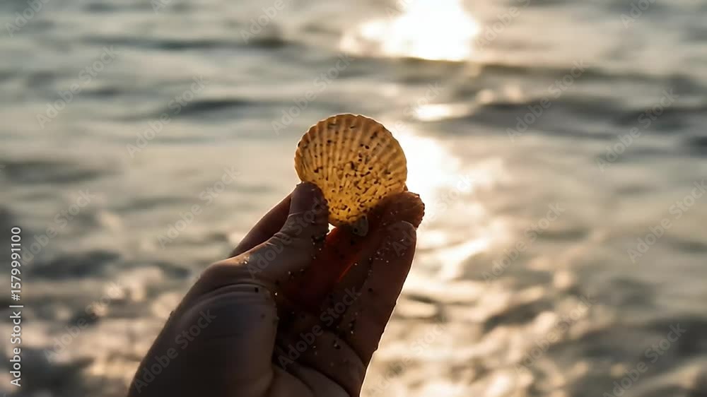 Sunny Vacation Ad of hand holding a seashell in front of ocean waves, natural beach discovery scene