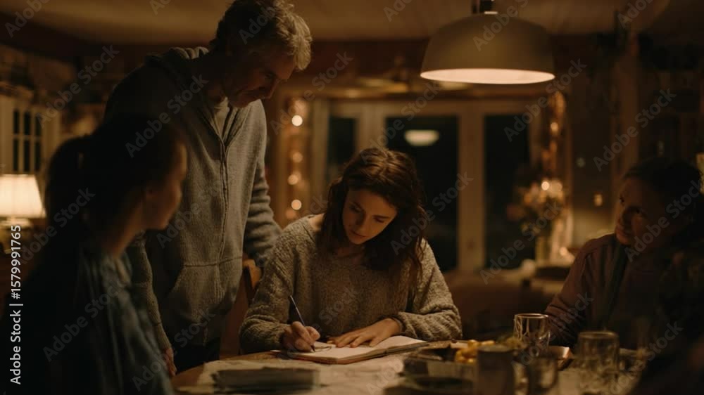 Family Gathering at Table: A heartwarming tableau of a family engrossed in a shared activity, united around a table with the warm glow of soft lighting, creating a moment of connection and tenderness.