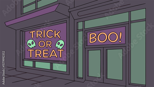 Halloween themed storefront with trick or treat and boo signs in the windows at night time scene