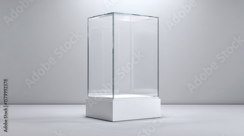 Glass or plastic cube on white stand view Blank clear square showcase exhibit podium crystal block Mockup of 3d acrylic or plexiglass box for display isolated on grey background. 3d illustration.