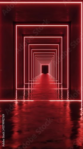 3d Abstract Background of Red Neon Tunnel with Water Reflection