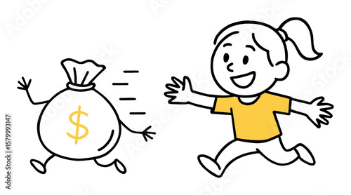 Girl Chasing Money Bag. Finance, Debt, Economy, Investment, Humor, Stress, Finance Fear, Money Problems Concept. Hand-Drawn Doodle Style Line Vector Illustration.