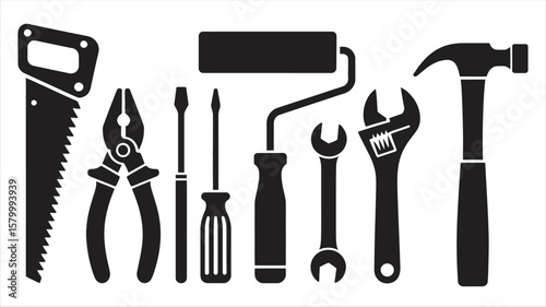 Black Silhouette Vector Icons of Construction Hand Tools for Maintenance and Repair Projects

