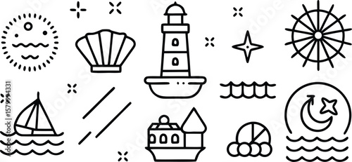 Minimalist Nautical and Sailing Icon Set in Black and White Line Art Featuring Ships, Waves, Lighthouse, Clamshell, Compass Star, and Marine Symbols