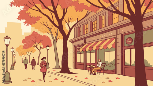 Autumn city scene with people walking near a cafe and trees with colorful foliage on a sunny day scene