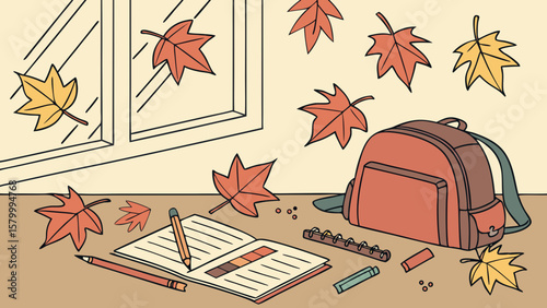 Autumn themed study scene with a backpack open notebook and falling leaves near a window indoors view
