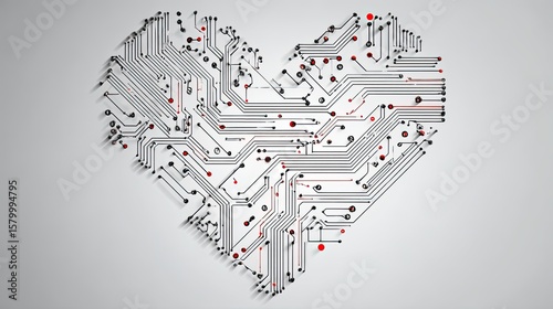 A digital heart composed of circuit board lines and components against a neutral background.