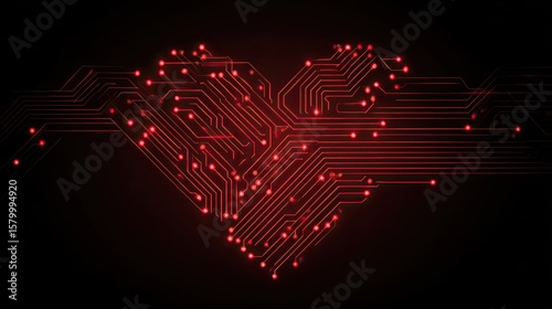 A glowing red circuit board design shaped into a heart, on black background.