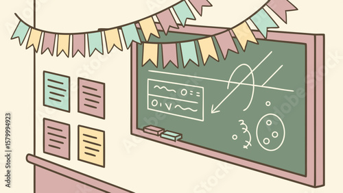 Classroom scene featuring a chalkboard with equations, notes on the wall, and a festive banner above