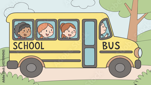 A yellow school bus with children looking out the windows drives past trees and bushes on a sunny day