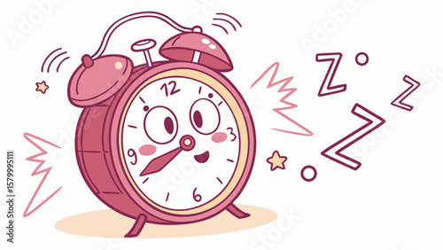 A pink alarm clock with a face rings next to stars and zzz symbols indicating it is time to wake up now