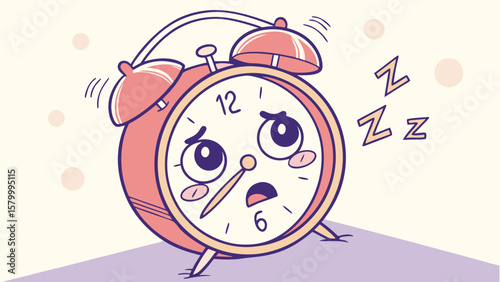 Cartoon alarm clock with a worried expression and zzz symbols floating nearby on a light background