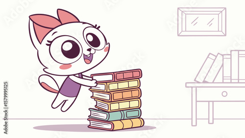Cartoon cat stacking books in a room with a desk and picture frame on a white background design