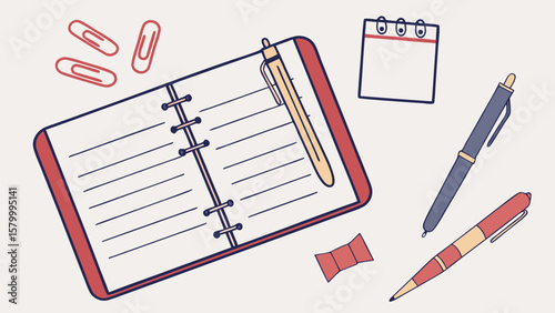 Illustration of an open notebook with lines, a pen on it, paper clips, a calendar, and two pens around it