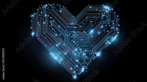 A digital heart formed by interconnected circuit board lines and glowing nodes, set against a dark background.
