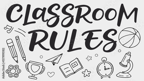 Illustration of classroom rules with school supplies and decorative elements in black and white style