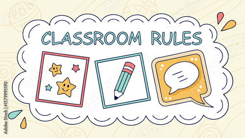 Illustration of classroom rules with stars, pencil, and speech bubble inside a cloud shape border design