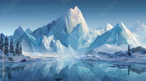 Low-poly mountain range reflecting in a calm lake, with snow-covered trees and a clear blue sky, creating a serene winter landscape.