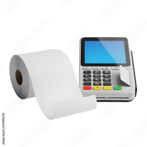 A credit card terminal next to a roll of paper on white or transparent background