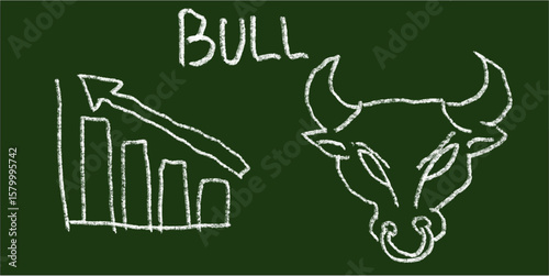 Chalk hand-drawn bull and upward graph icon on green chalkboard background. Doodle vector symbolizing market growth, bullish trend, finance rise, investment gain, and economic success.