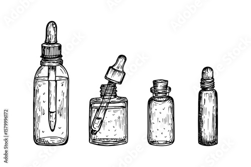 Dropper bottles, glass jars with pipette, roller bottles - sketch illustrations set. Liquid essential oils. Hand-drawn outline cliparts. Vector line art drawings, isolated