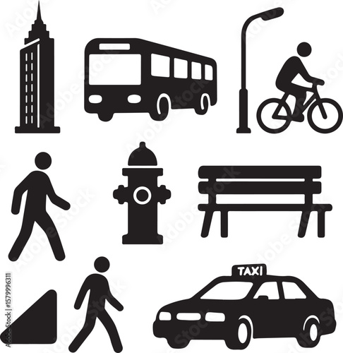  City and Urban Life Icons City, urban, transport, transportation, architecture, building, bus, street light, cyclist, walking, pedestrian, fire hydrant, bench, taxi, road Silhouette Vector Art.