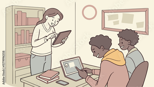 Woman using tablet near bookshelf and two students working on laptop in a room with bulletin board art