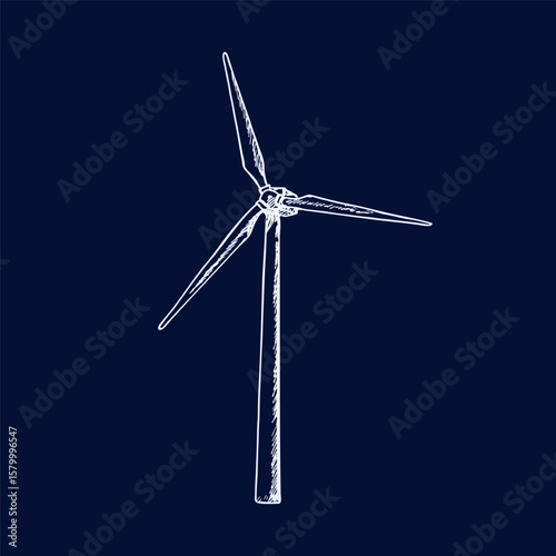 Wind turbine outline drawing. Ecology, environment, clean energy, green technology, ecology, environment concept. Wind farm, wind power plant, wind park. Hand-drawn vector drawing, isolated