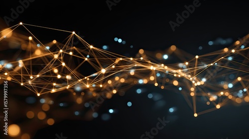 Abstract digital network of interconnected golden nodes and lines against a dark background.
