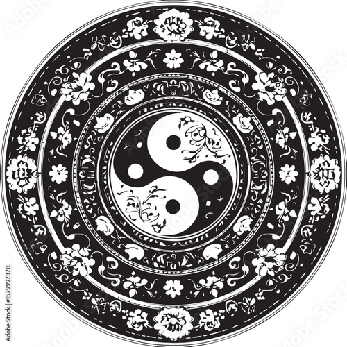 Yin yang symbol with floral mandala pattern on black background vintage ornate design