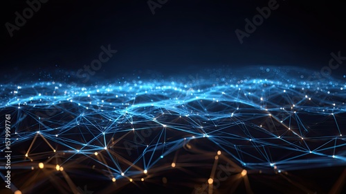 Abstract digital network, glowing nodes and connections forming a landscape.