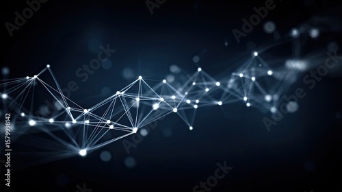 Abstract network of interconnected white nodes and lines against a dark blue background, suggesting connection, technology, and data flow.