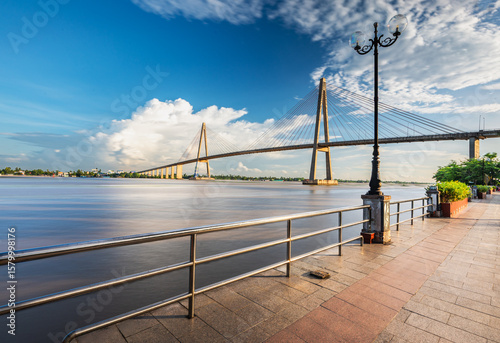 Sunset view of Rach Mieu cable-stayed bridge across Tien river connecting Tien Giang and Ben Tre provinces. Photo taken in My Tho city, Tien Giang province, Vietnam.