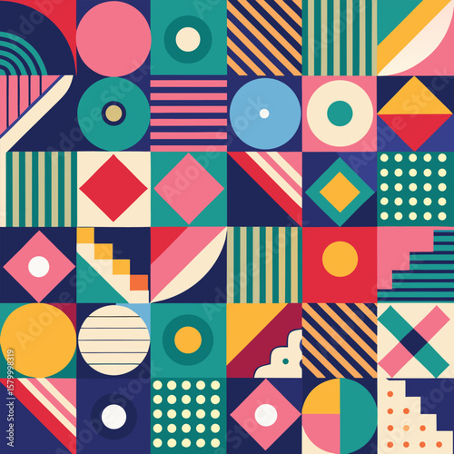 Trendy vector abstract geometric background with circles in Scandinavian retro style, seamless cover. Graphic pattern of simple shapes in gray tones, abstract white mosaic.