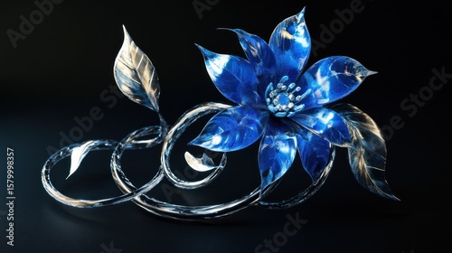 3D rendered blue flower and leaves