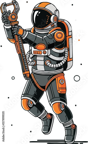 An astronaut in a spacesuit floats, holding a mechanical tool, against a white background.