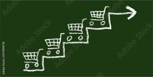 Chalk hand-drawn stair with upward arrow and grocery cart on green chalkboard background. Doodle vector symbolizing business growth, sales increase, e-commerce success, and retail progress.