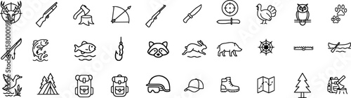 Outdoor Adventure Stroke Icon Collection Containing Camping, Wildlife, Hiking, Tracking, Fishing and more icons. Editable Outline Stroke Icon Collection.