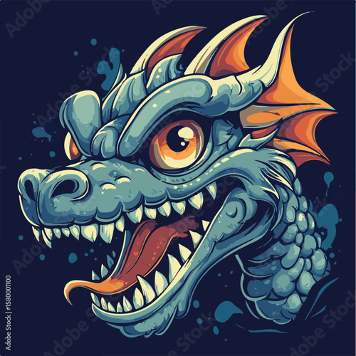 Vector illustration of a fantasy dragon with detailed scales, bold outlines, and vivid colors, creating a mythical, high-resolution image.
