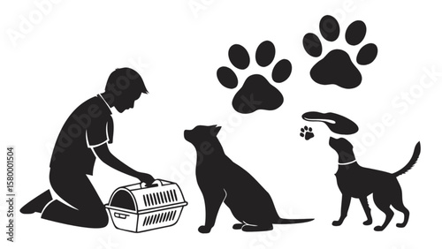 Dog adoption and pet care silhouette with carrier and paw prints for animal rescue and shelter support