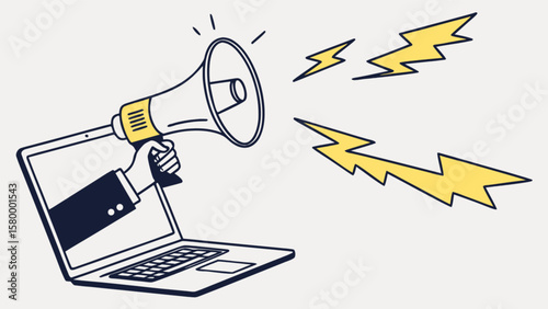 Digital marketing announcement megaphone laptop promotion social media campaign advertisement online communication