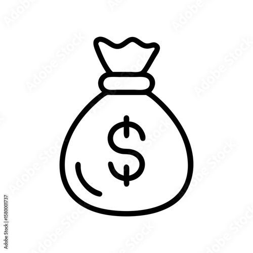 A simple line drawing of a money bag with a dollar sign in the center on a white isolated background