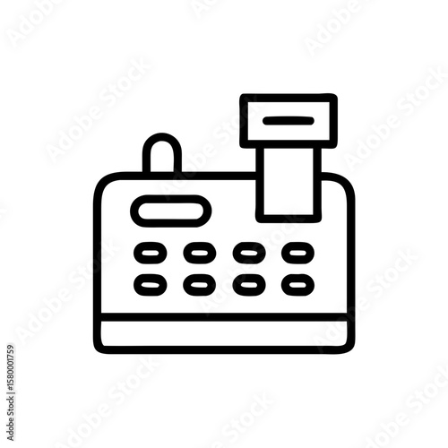 Illustration of a black outline cash register with buttons and receipt printer in simple style design