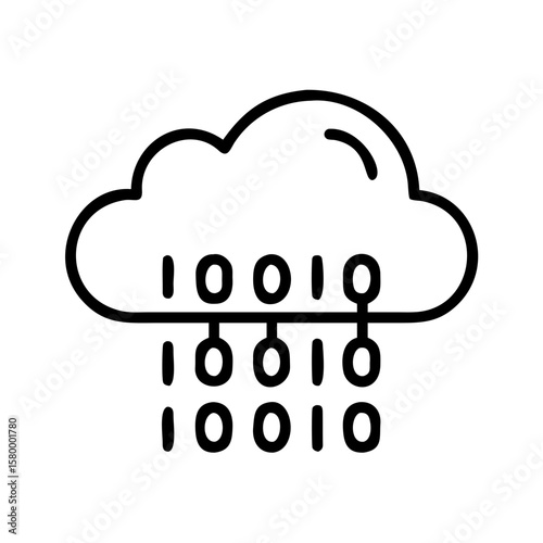Cloud computing icon showing a cloud with binary code raining down in a simple black line drawing style