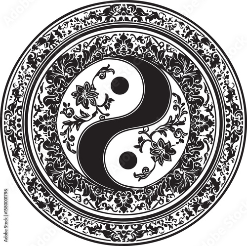 Yin Yang Symbol with Floral Pattern and Swirling Blue and Black Design