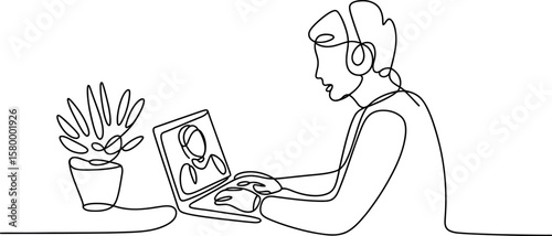 Continuous line drawing of a person video conferencing on a laptop with a plant nearby